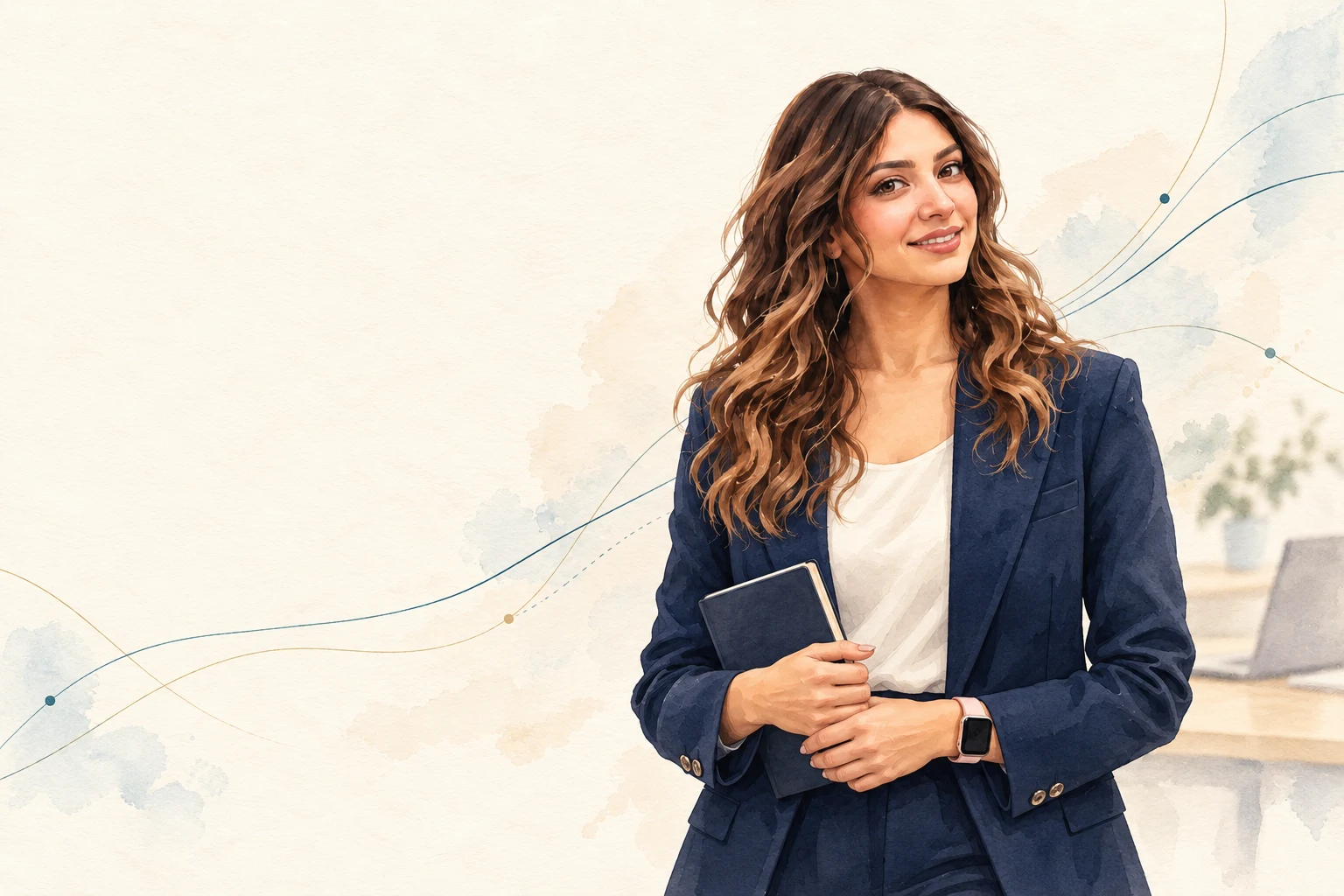 Illustrated portrait of the person behind Unwind Consultants, holding a notebook